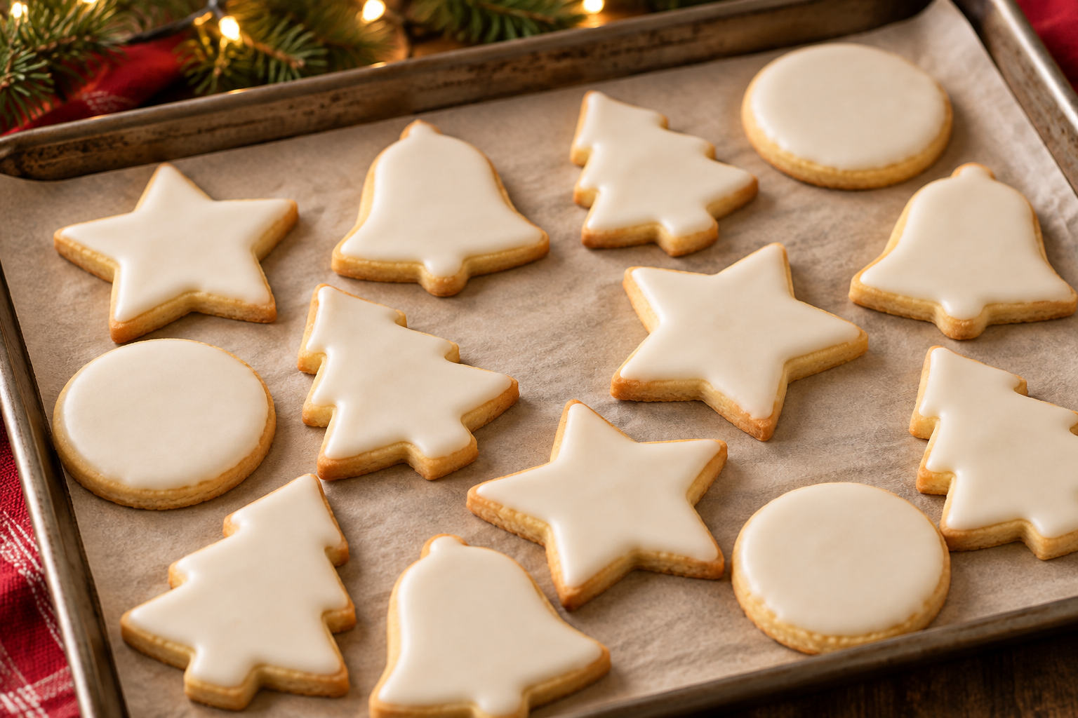 Classic cutout sugar cookies with plain vanilla icing in holiday shapes