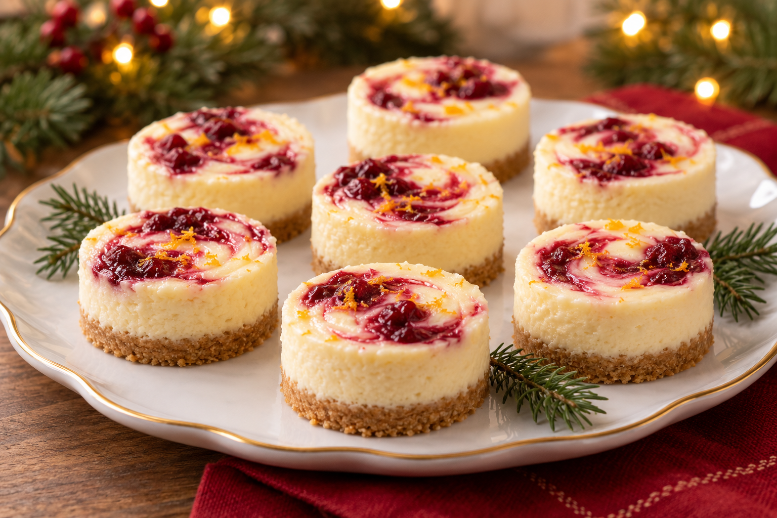 Cranberry-orange cheesecake bites with cranberry swirl and orange zest on a holiday serving platter