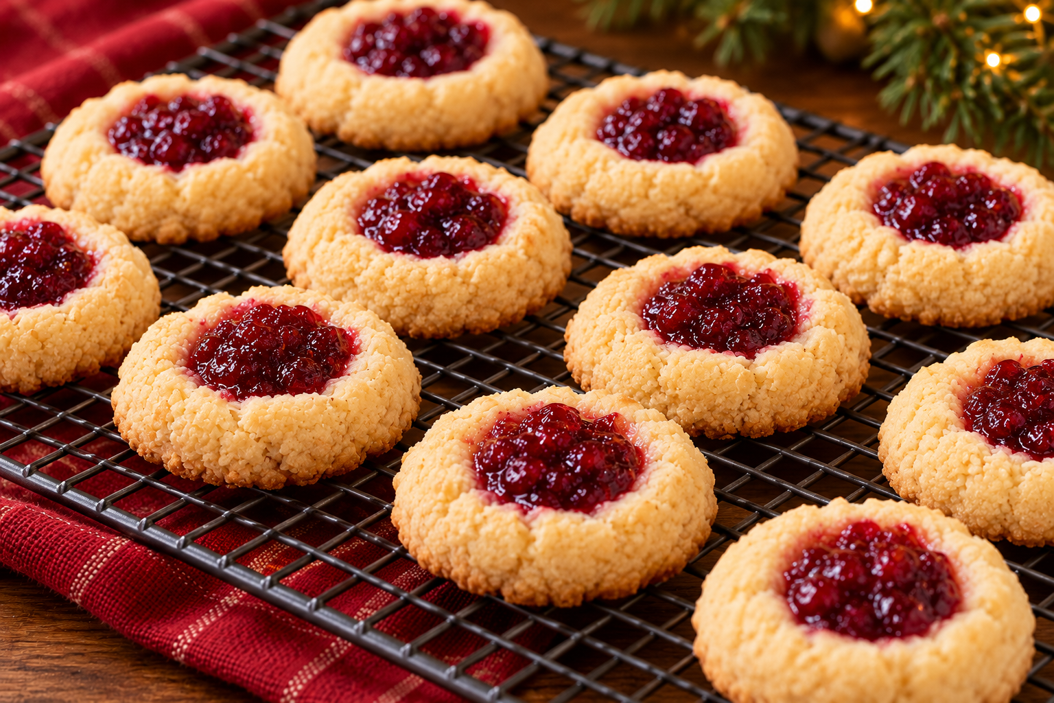 Cranberry-orange thumbprint cookies with deep-red cranberry filling on parchment