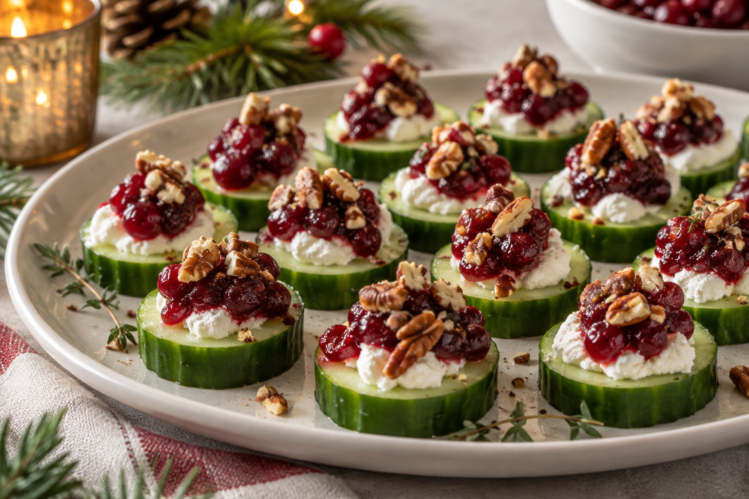 Cranberry-pecan goat cheese cucumber bites arranged on a holiday serving platter