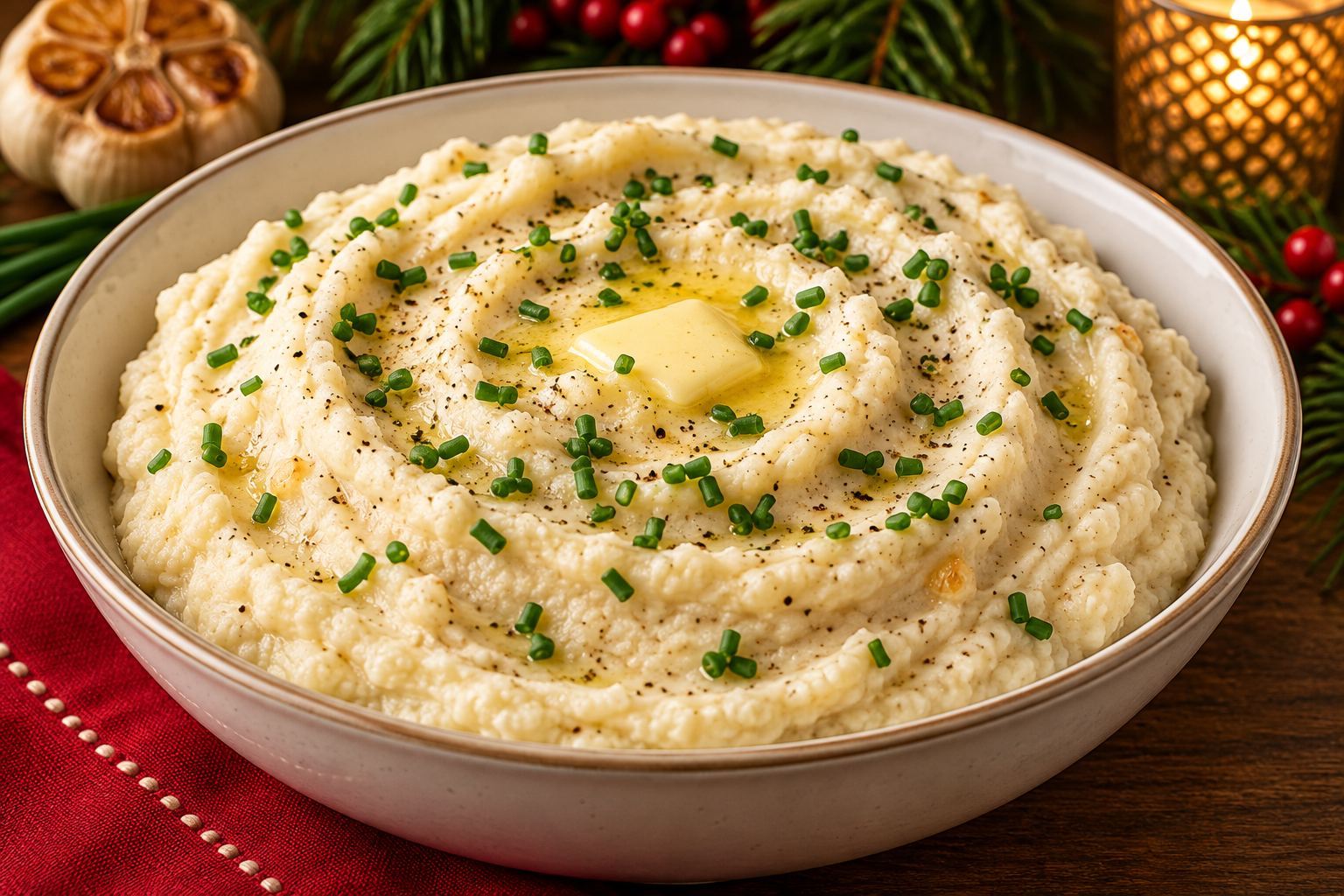 Creamy roasted garlic cauliflower mash topped with butter and fresh chives in a holiday serving bowl