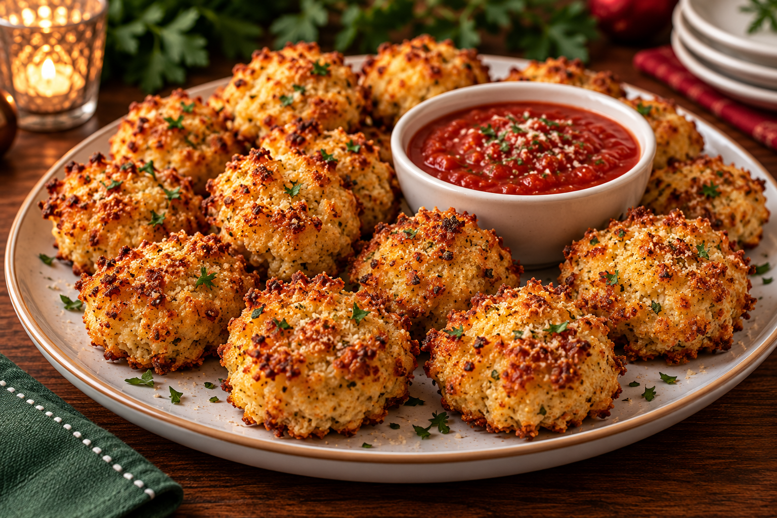 Crispy cauliflower Parmesan bites with browned edges and marinara on a festive holiday platter.