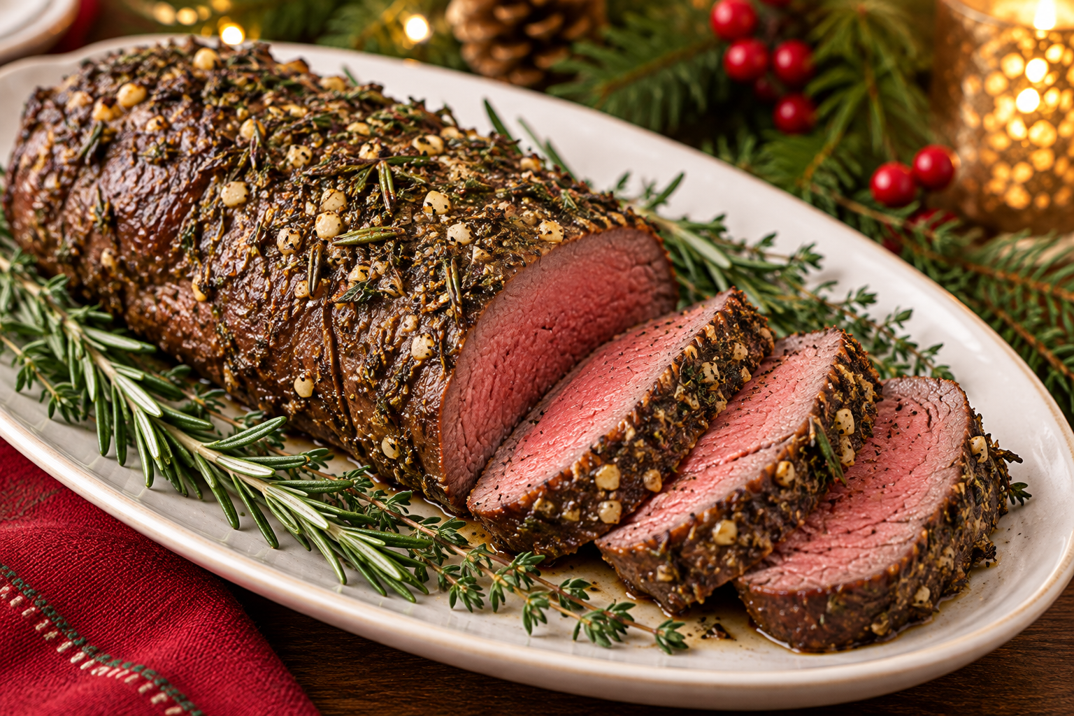 Garlic-rosemary beef tenderloin with an herb-Dijon crust on a holiday serving platter