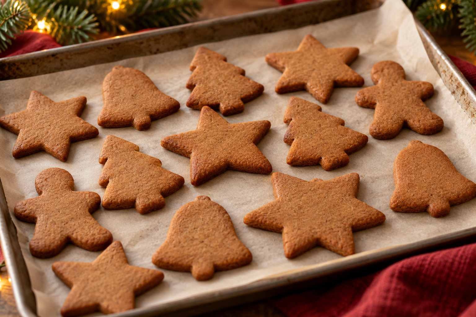 Gingerbread cutout cookies in holiday shapes on parchment
