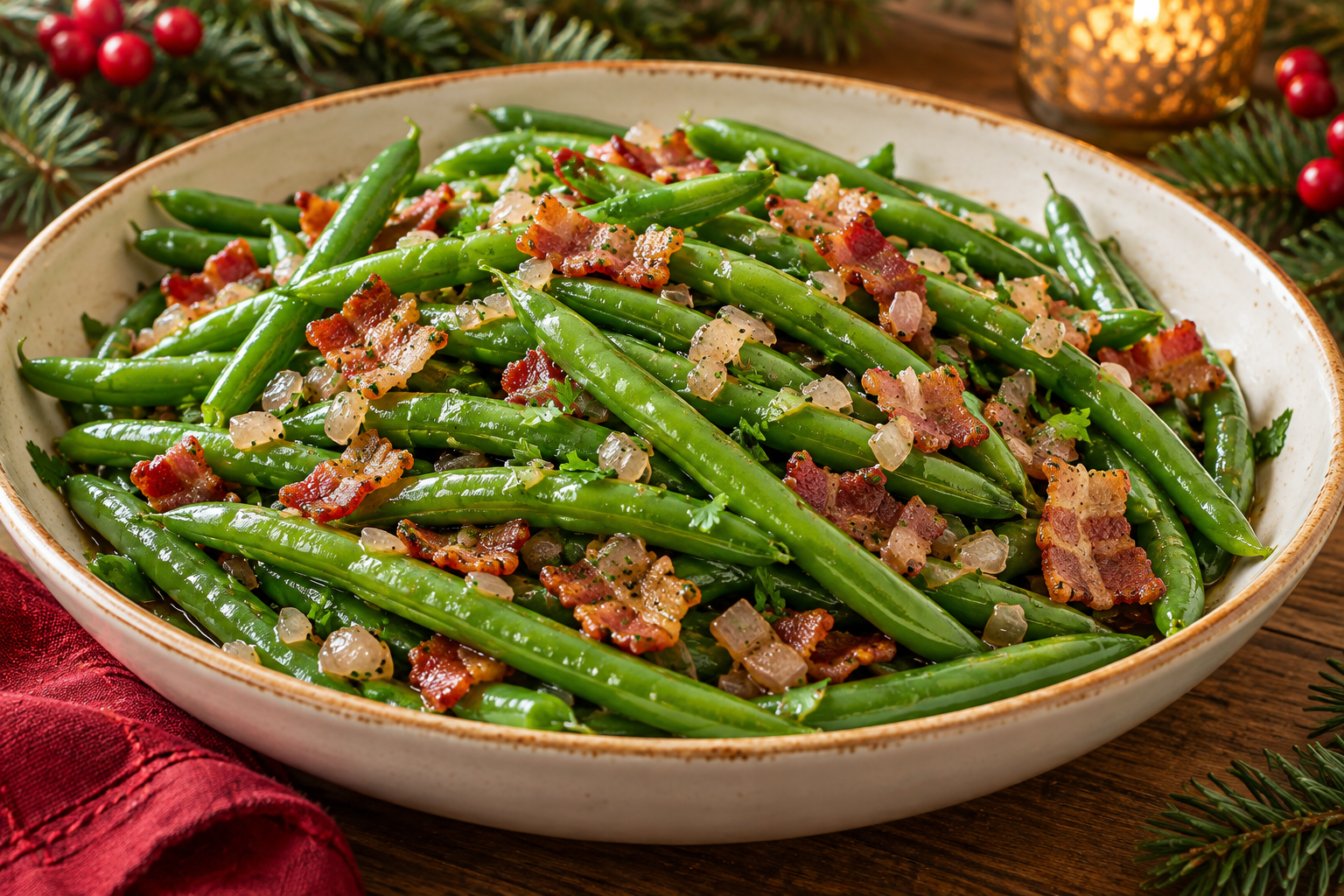 Green beans with bacon and shallot vinaigrette in a serving bowl with festive Christmas greenery.