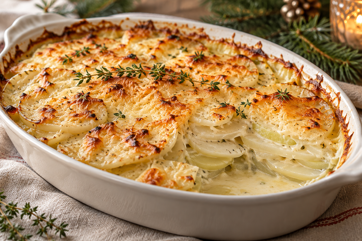 Gruyère scalloped kohlrabi with browned cheese and thyme in a baking dish.