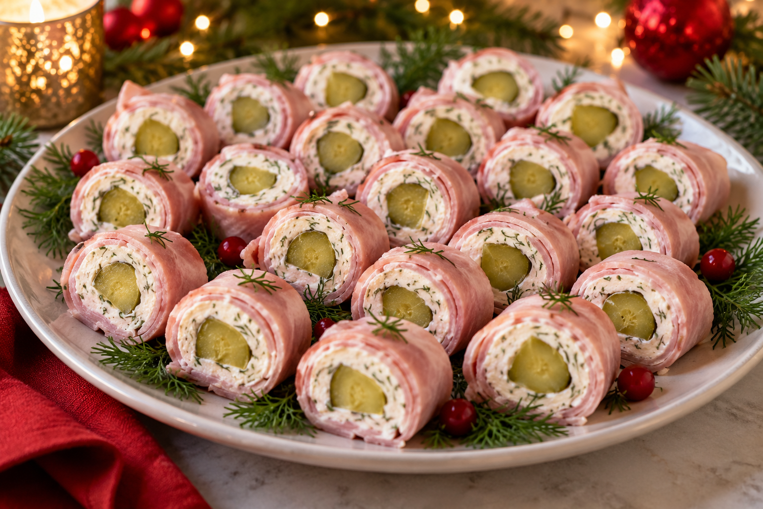Ham, dill-pickle, and cream cheese pinwheels on a festive holiday platter