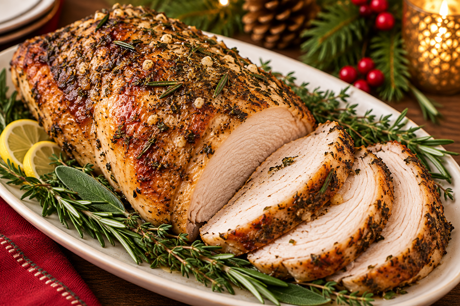 Herb-butter roasted turkey breast with crisp skin on a holiday serving platter