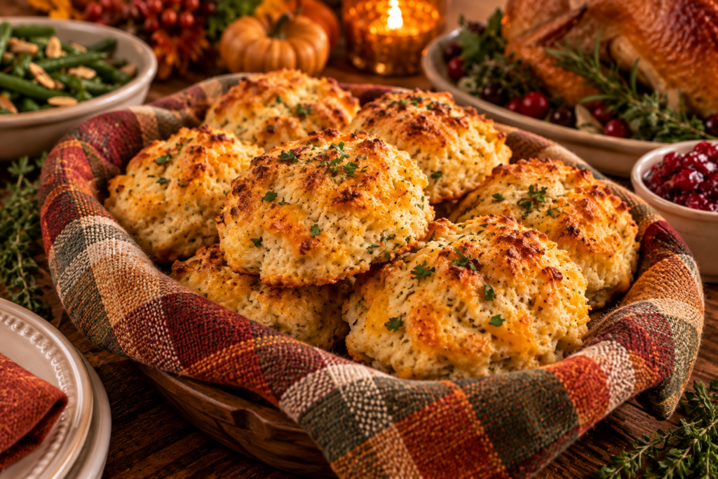 Keto cheddar-herb biscuits in a basket on a Thanksgiving table