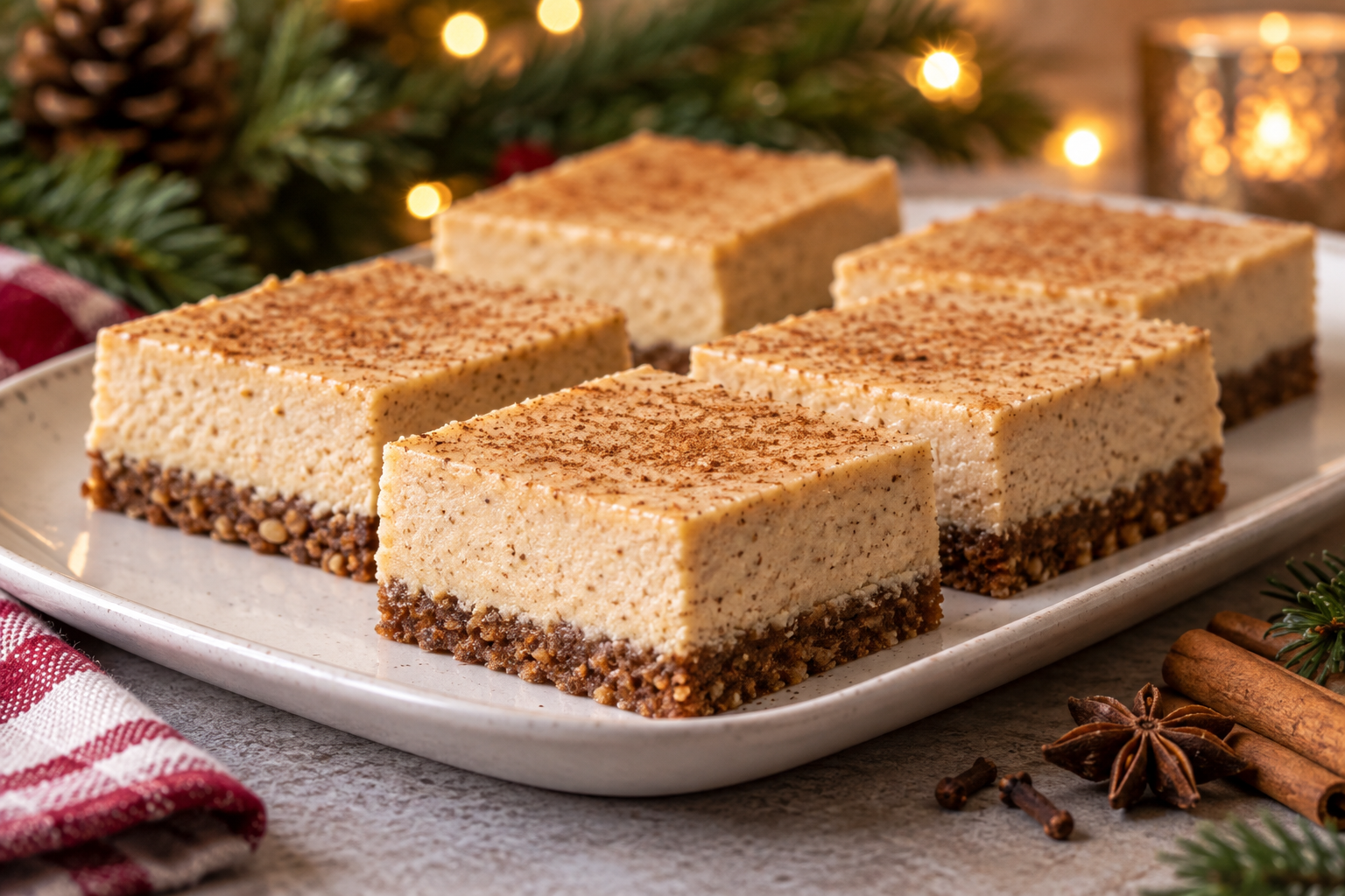 Keto gingerbread cheesecake bars with an almond-flour crust on a holiday serving platter