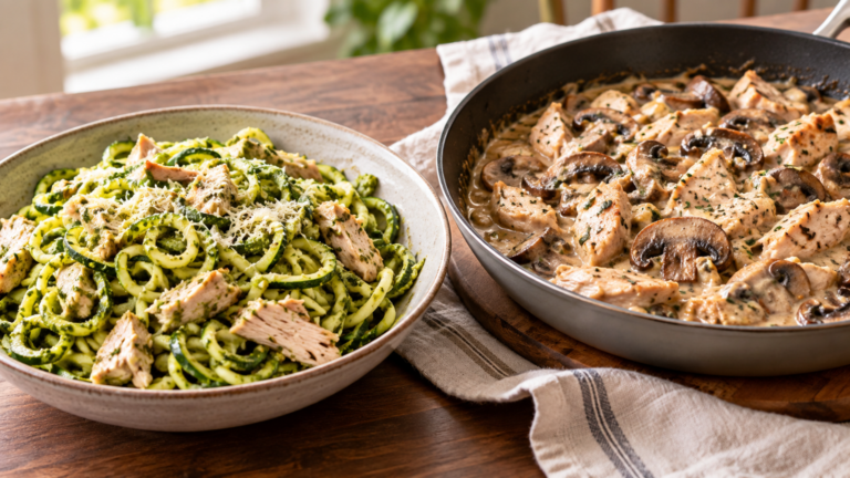 Turkey pesto zucchini noodles beside creamy turkey and mushroom skillet