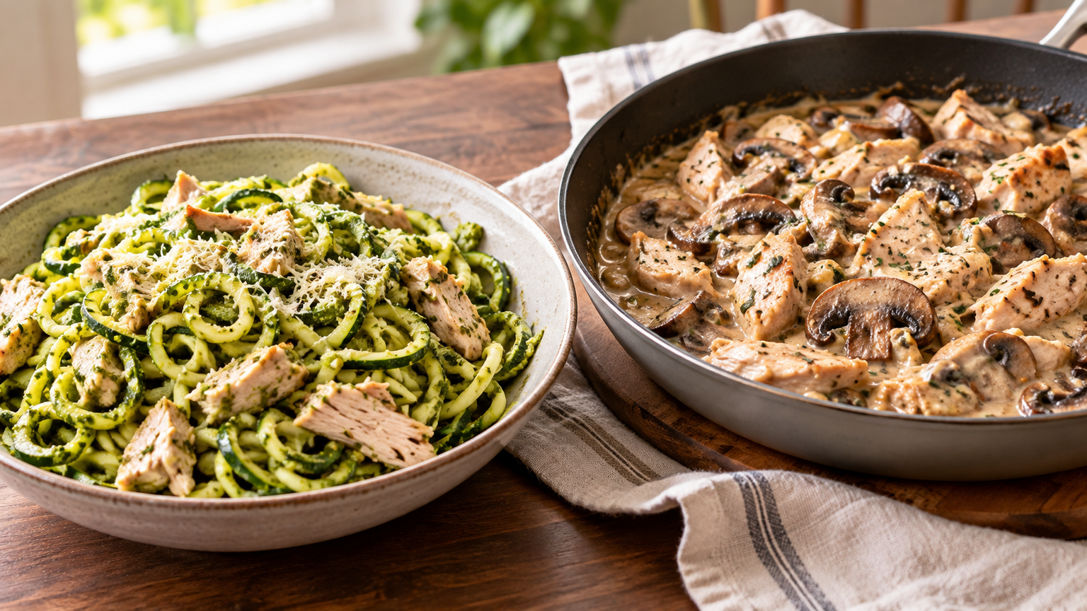 Turkey pesto zucchini noodles beside creamy turkey and mushroom skillet