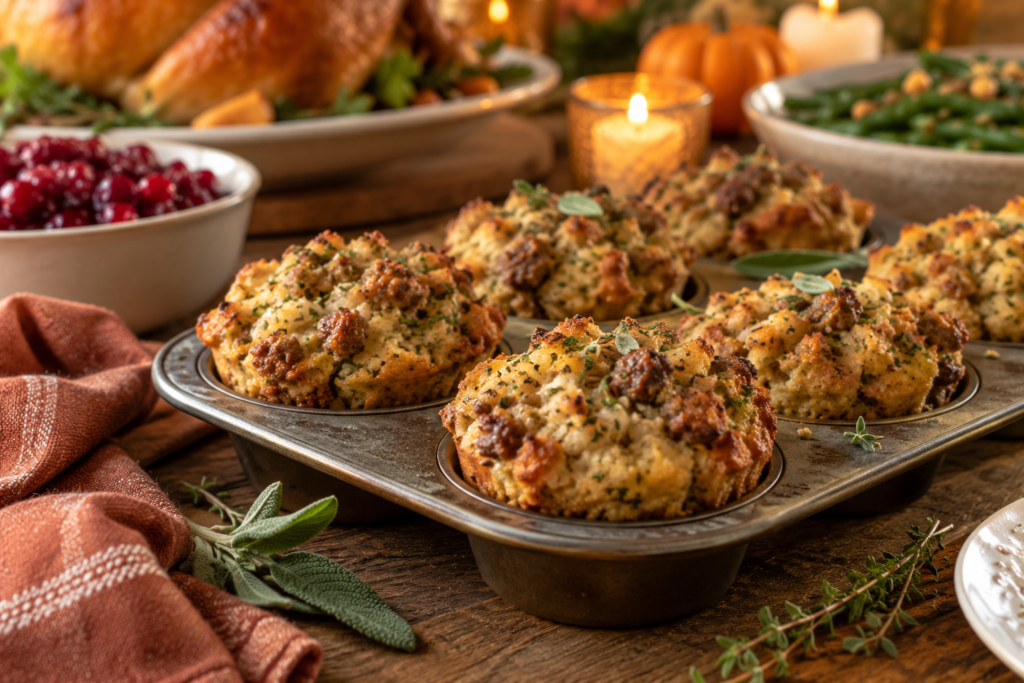 Keto sausage-sage stuffing muffins in a muffin tin on a Thanksgiving table