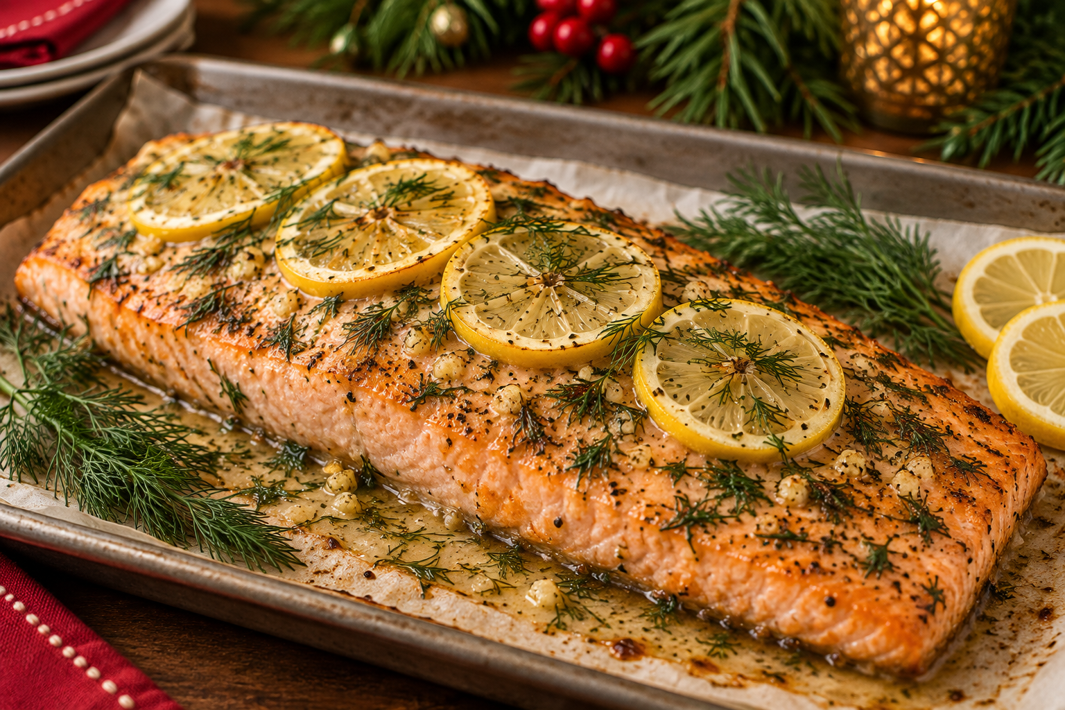Lemon-dill baked salmon fillet with fresh dill and lemon slices on a holiday serving platter