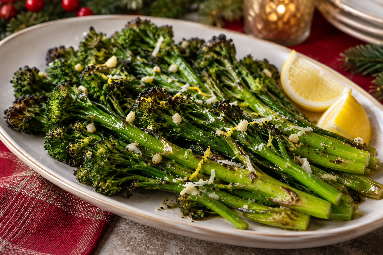 Lemon-garlic roasted broccolini with browned florets, lemon, garlic, and Parmesan