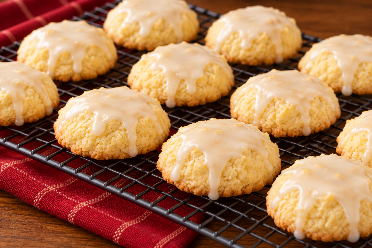 Soft lemon ricotta cookies with thin vanilla glaze on parchment