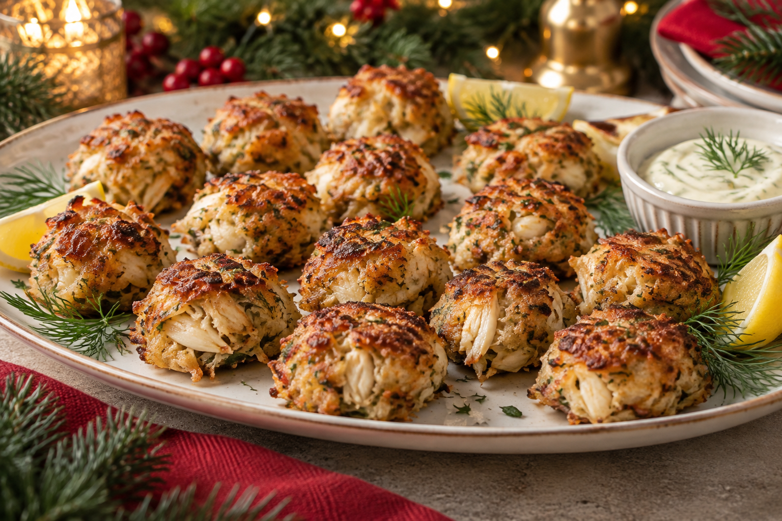 Mini crab cakes with lemon-dill aioli and dill on a festive holiday platter.