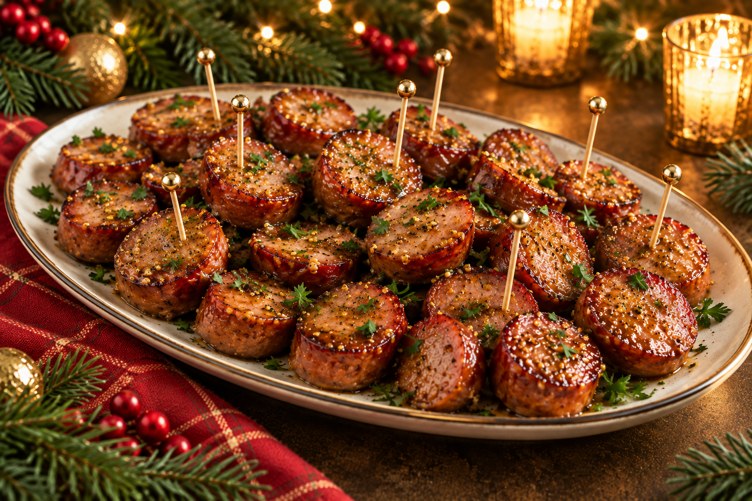 Mustard-glazed kielbasa bites with parsley on a festive holiday platter.