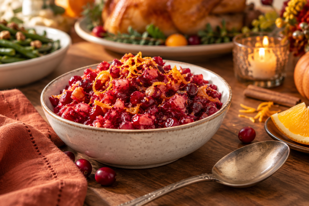 Orange-spiced low-carb cranberry relish in a bowl with orange zest on a Thanksgiving table