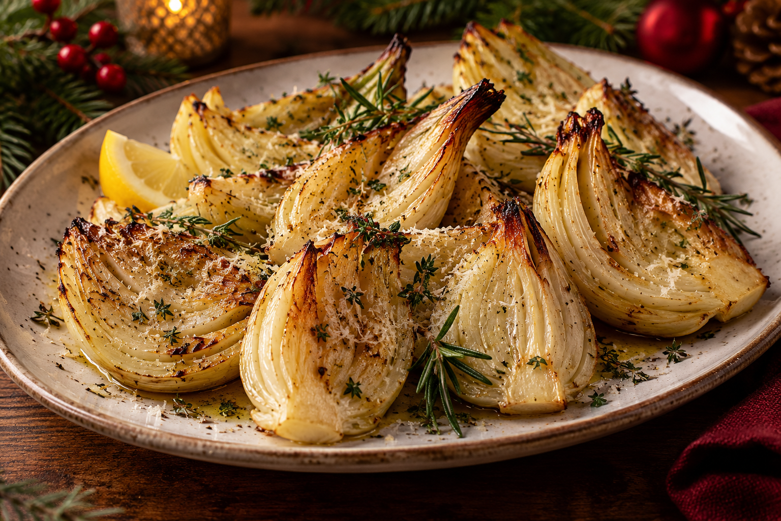 Parmesan-herb roasted fennel wedges with caramelized edges, herbs, Parmesan, and lemon