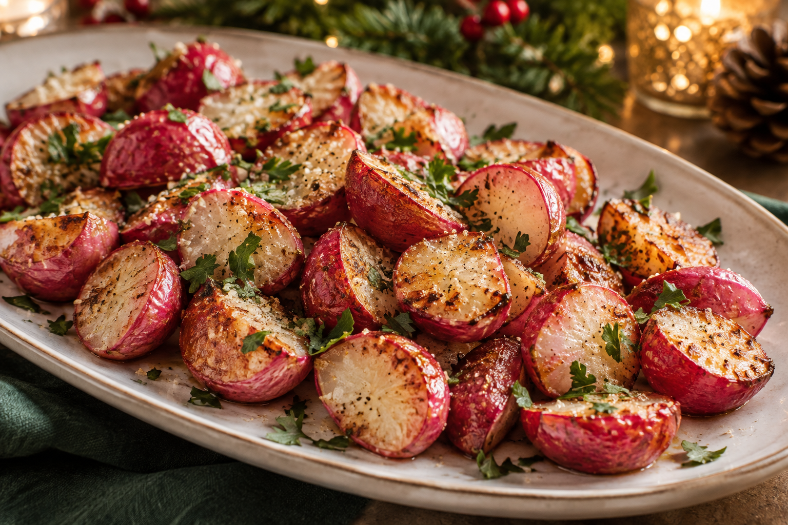 Parmesan-roasted radishes with browned edges and fresh parsley on a holiday serving platter