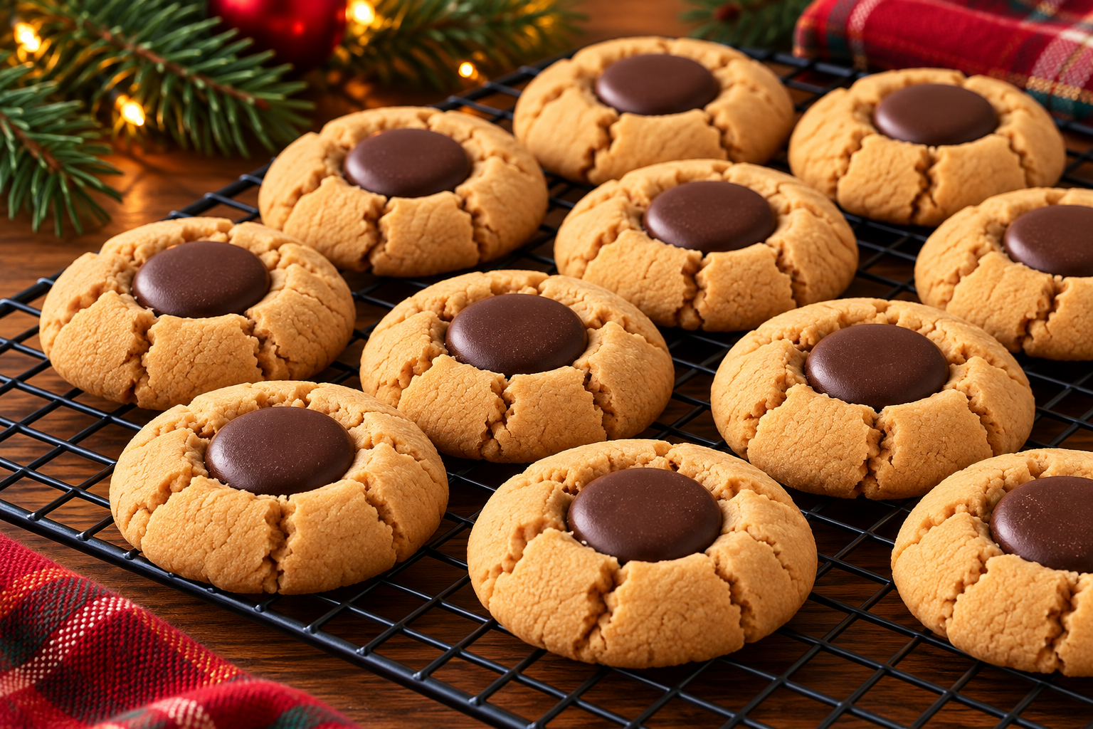 Peanut butter blossom cookies with dark chocolate centers on a cooling rack