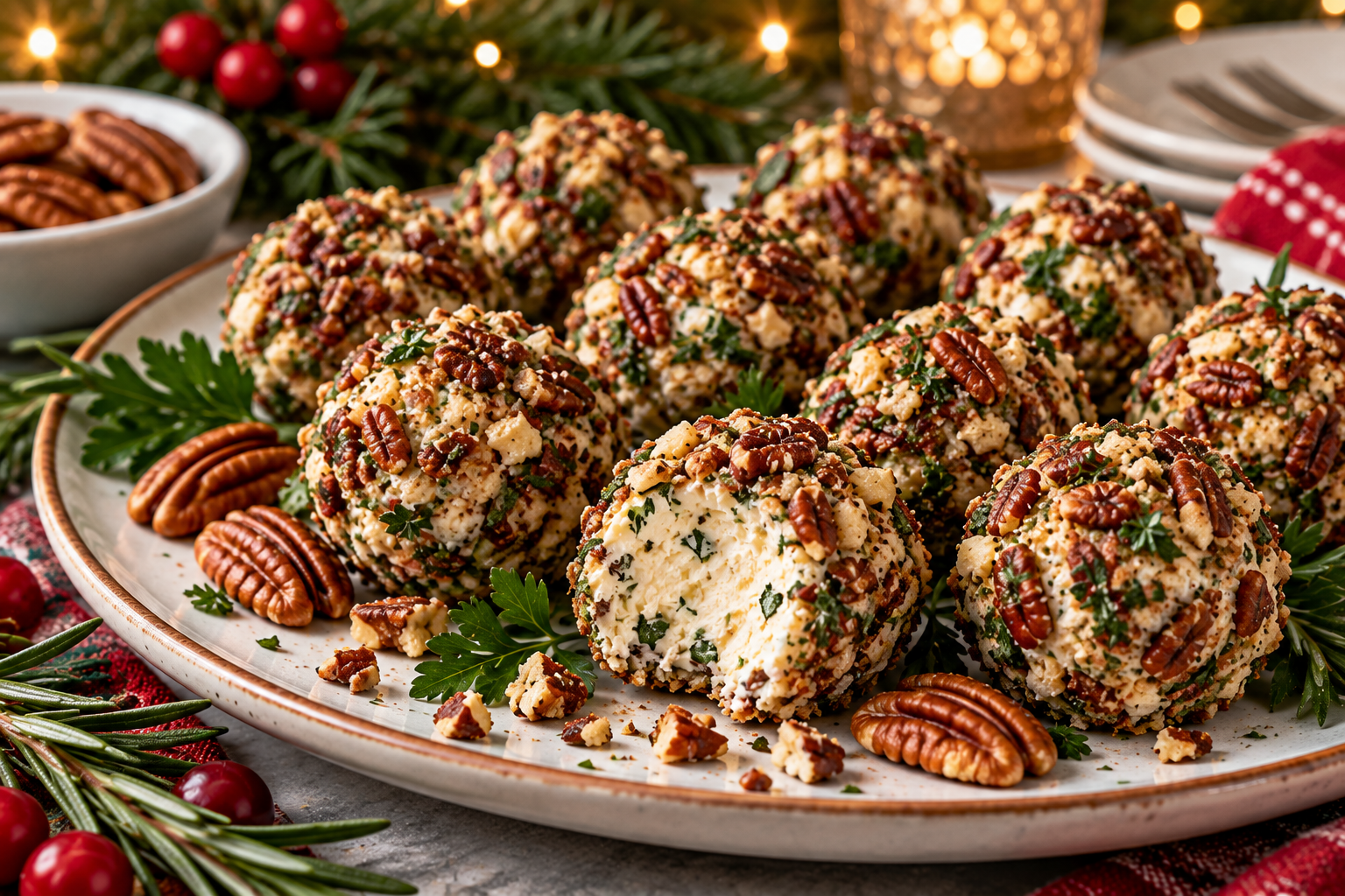 Pecan-herb mini cheese ball truffles coated in toasted pecans and parsley on a festive Christmas appetizer platter