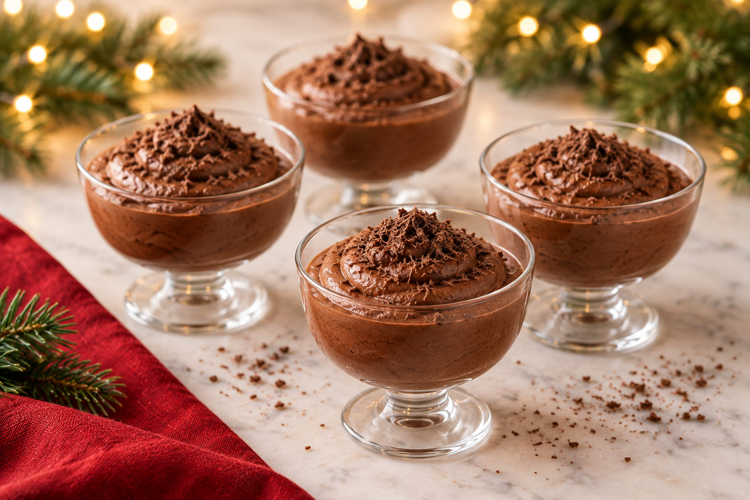 Peppermint chocolate mousse cups topped with grated dark chocolate on a holiday dessert table