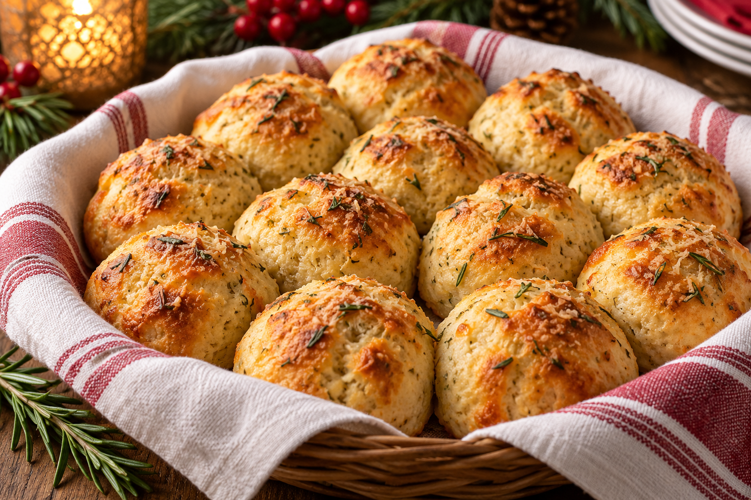Rosemary-Parmesan almond-flour dinner rolls in a basket with festive Christmas greenery.