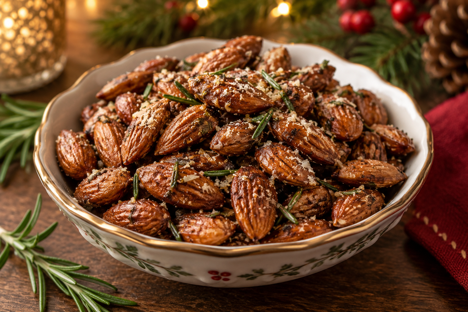 Rosemary-Parmesan roasted almonds in a holiday serving bowl