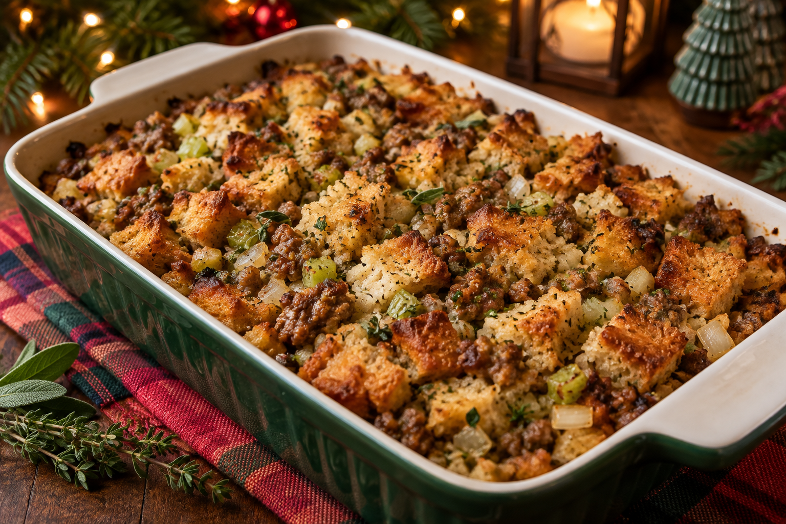 Sausage-herb keto stuffing bake with browned bread cubes and fresh herbs in a holiday casserole dish