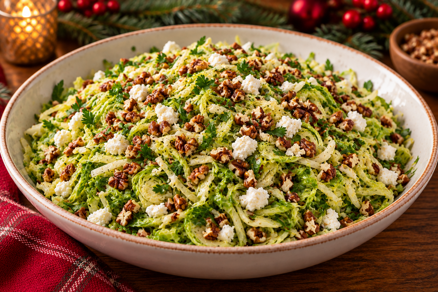 Shaved Brussels sprout salad with goat cheese, chopped pecans, parsley, and vinaigrette.