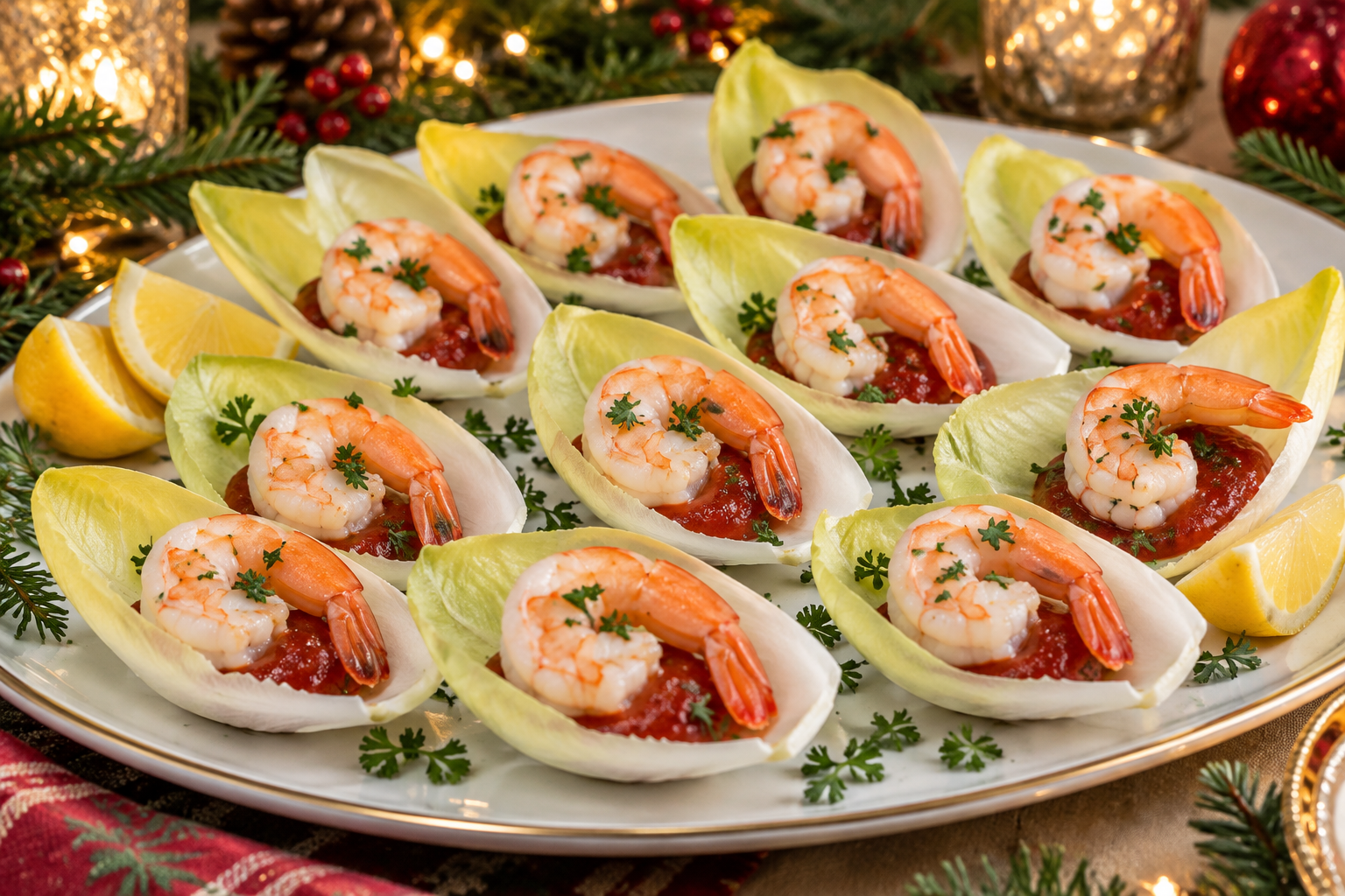 Shrimp cocktail endive cups with cooked shrimp, cocktail sauce, and parsley on a festive holiday platter