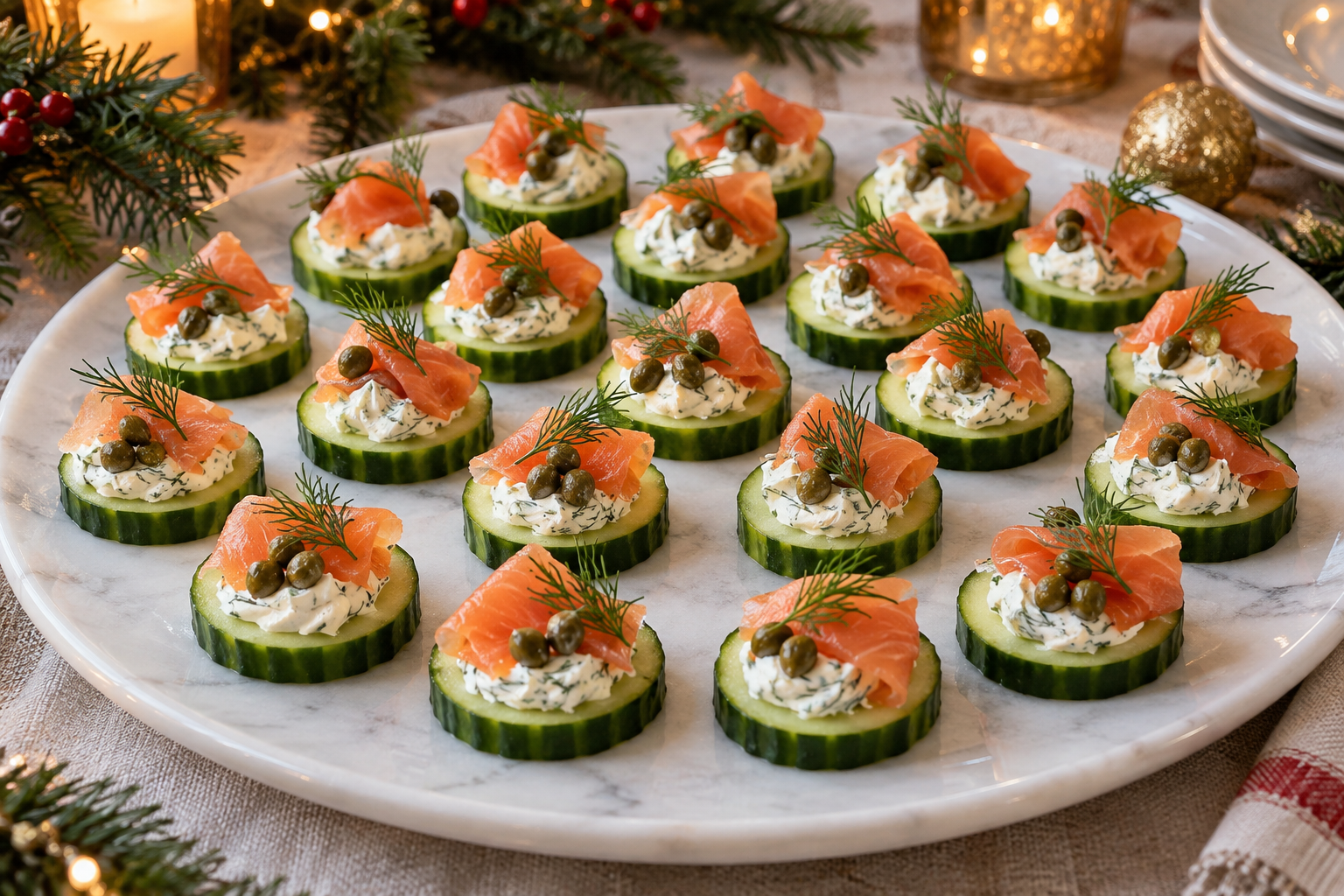 Smoked salmon cucumber rounds with dill cream cheese, capers, and fresh dill on a holiday platter