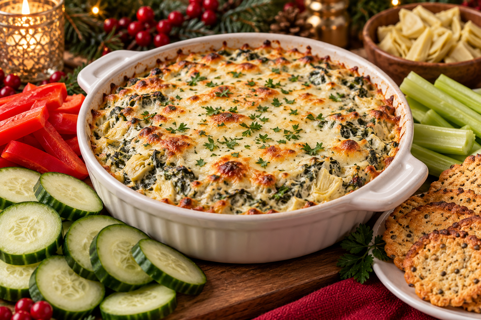 Spinach-artichoke Parmesan dip with cucumber, celery, and red pepper dippers on a festive holiday table.