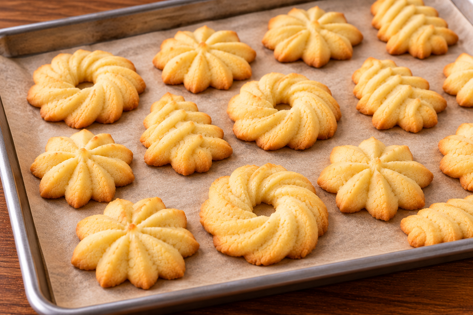 Spritz butter cookies with crisp ridged cookie-press shapes on a baking tray