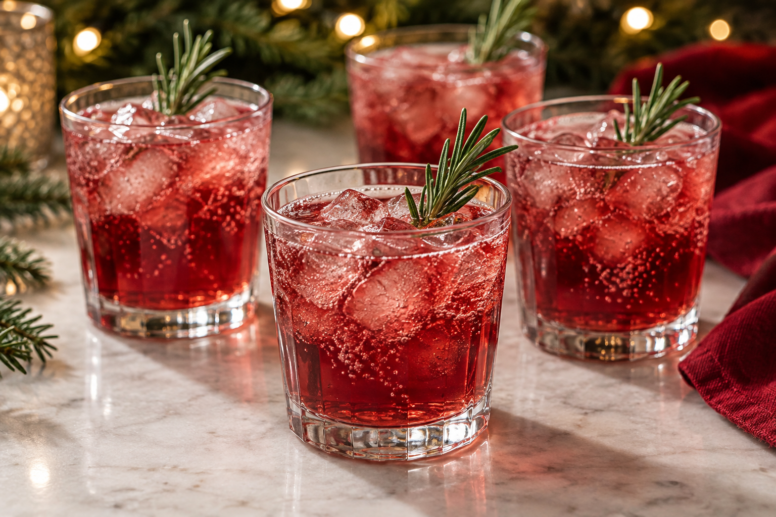 Sugar-free cranberry-rosemary spritzer with ice and fresh rosemary in holiday glasses