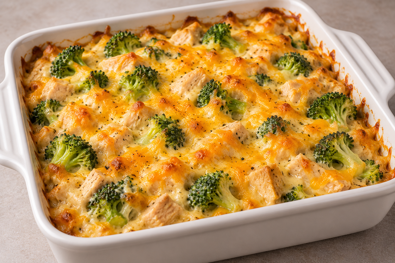 Turkey broccoli cheddar casserole in a square baking dish