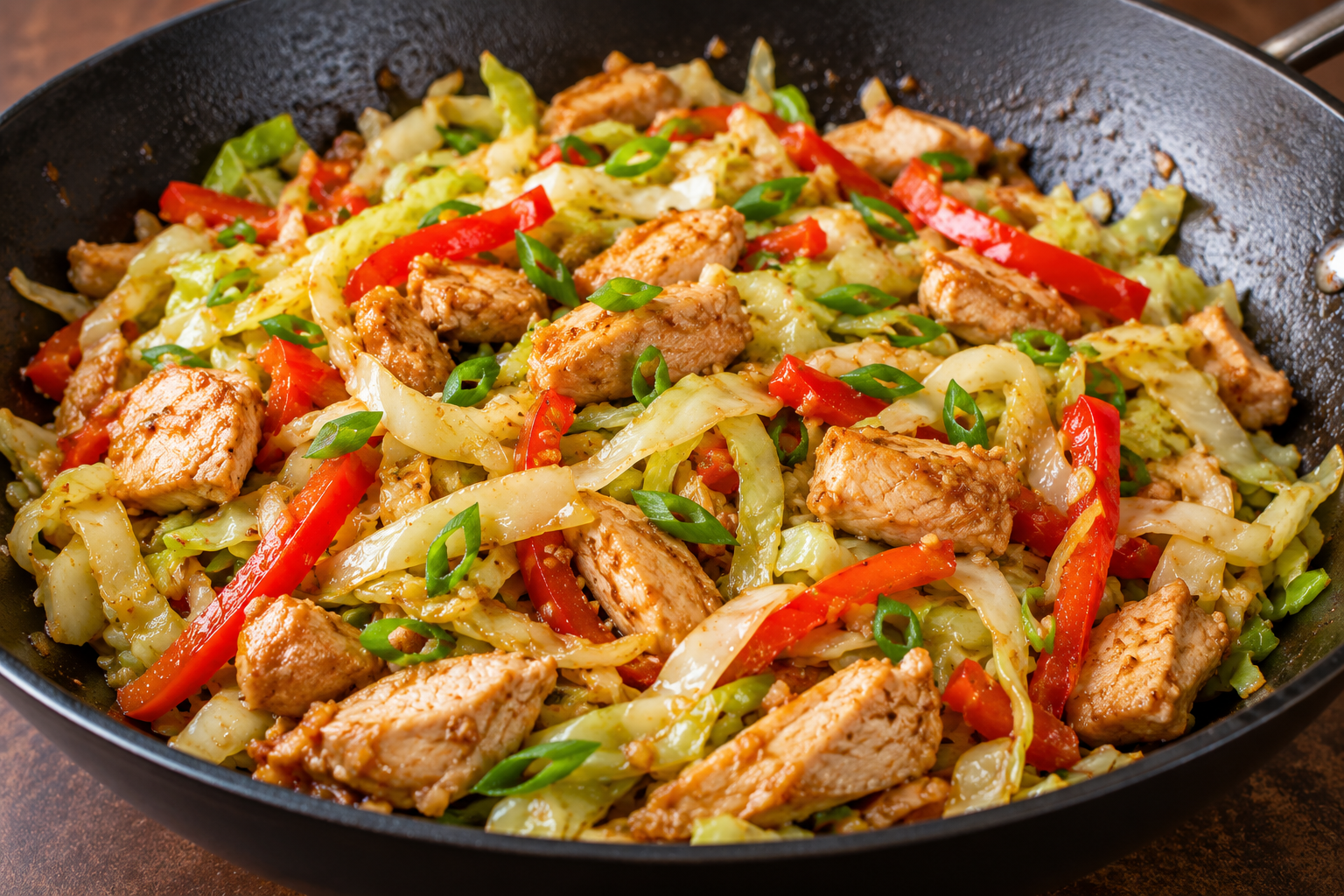 Turkey and cabbage stir-fry with red bell pepper and scallions