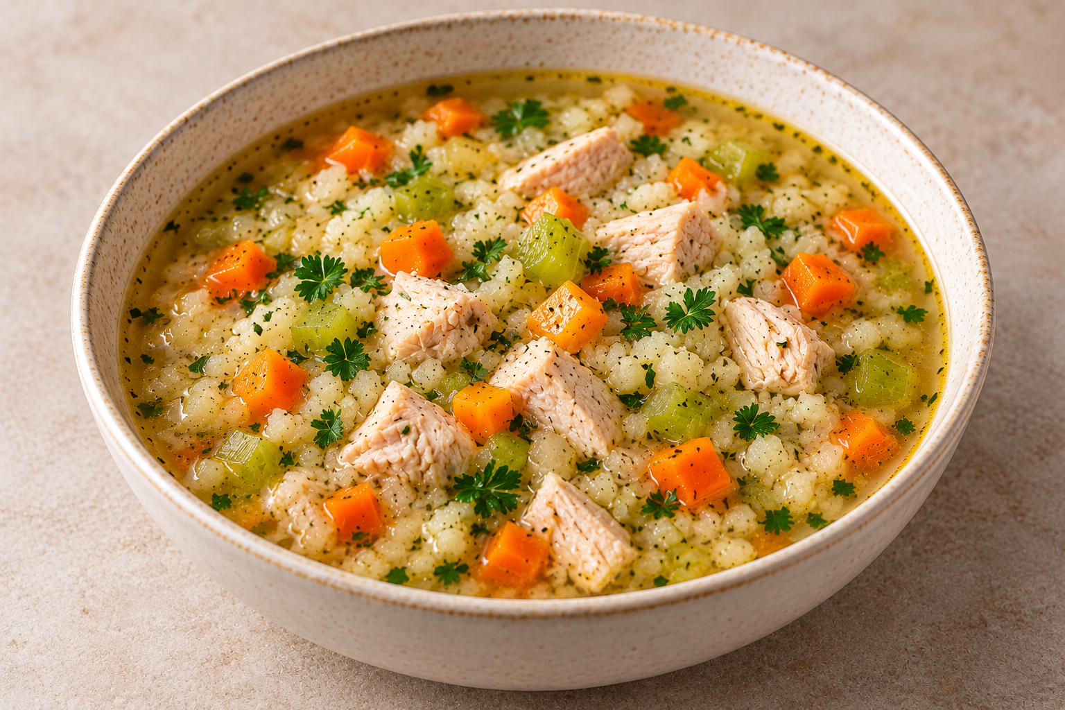 Turkey cauliflower rice soup with carrots, celery and parsley