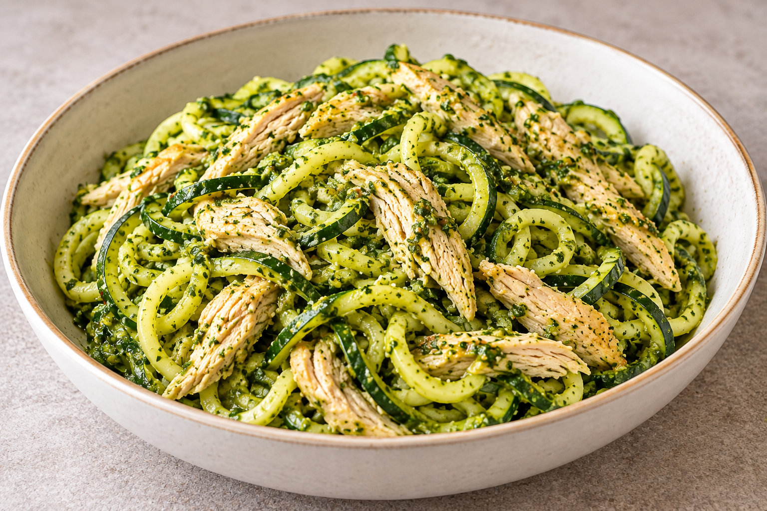 Turkey pesto zucchini noodles with cooked turkey and Parmesan
