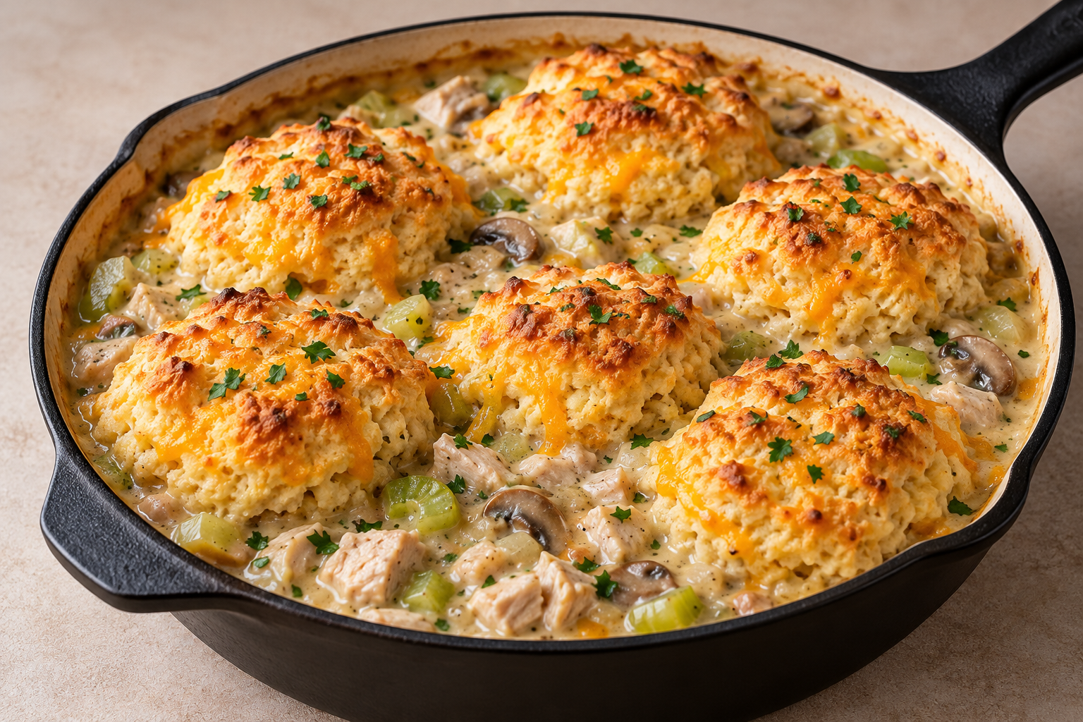 Turkey pot pie with six golden almond-flour biscuit toppings