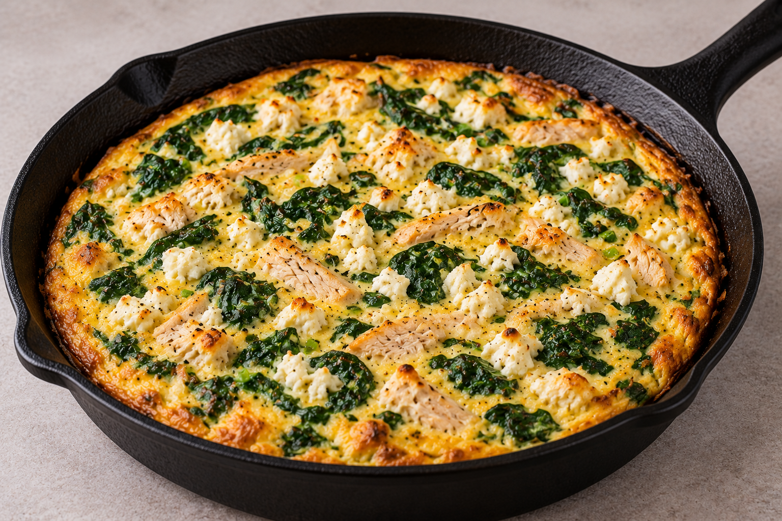 Turkey spinach and feta frittata in a cast-iron skillet