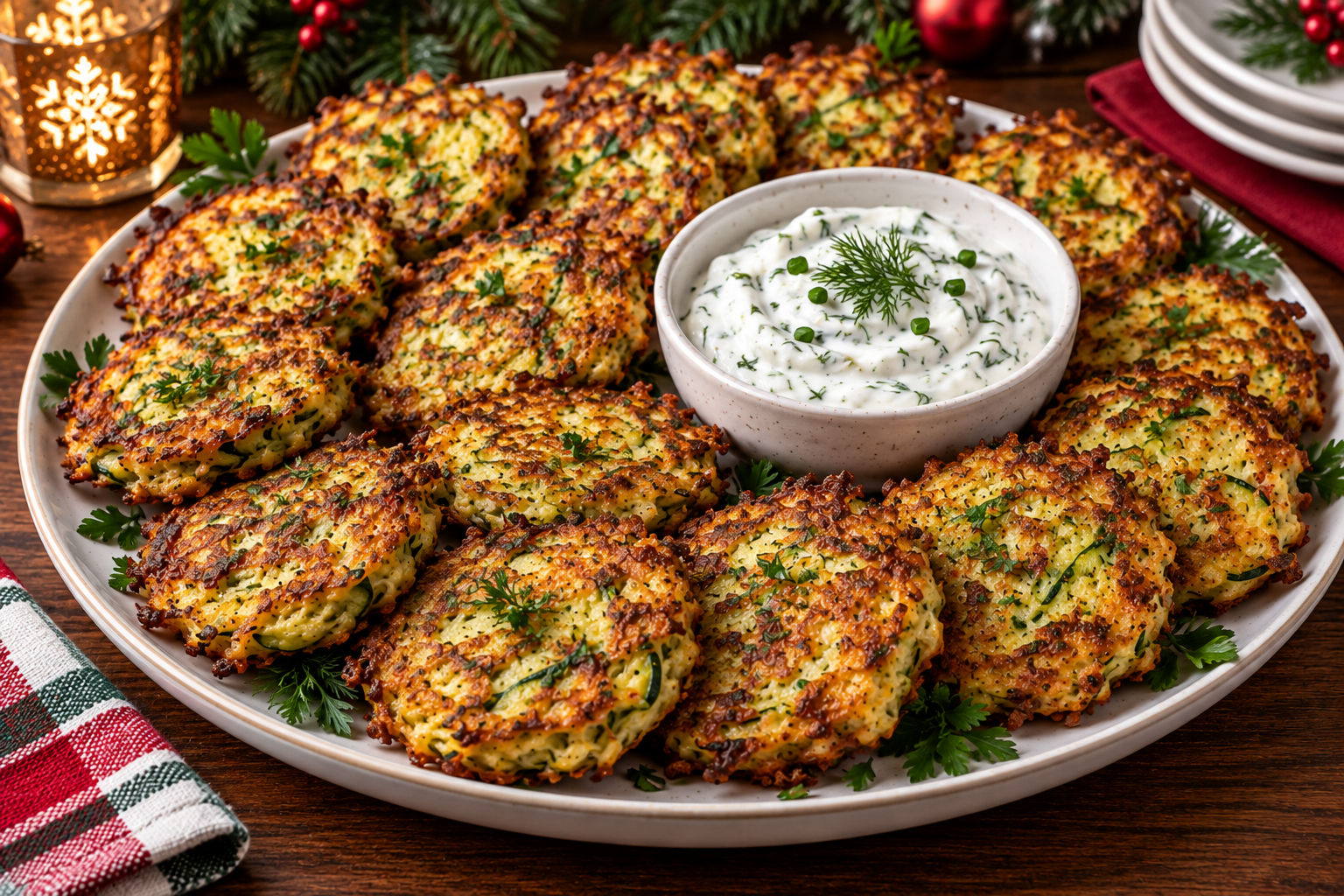 Golden zucchini fritters with crisp edges served with chilled herbed sour cream on a festive holiday platter.