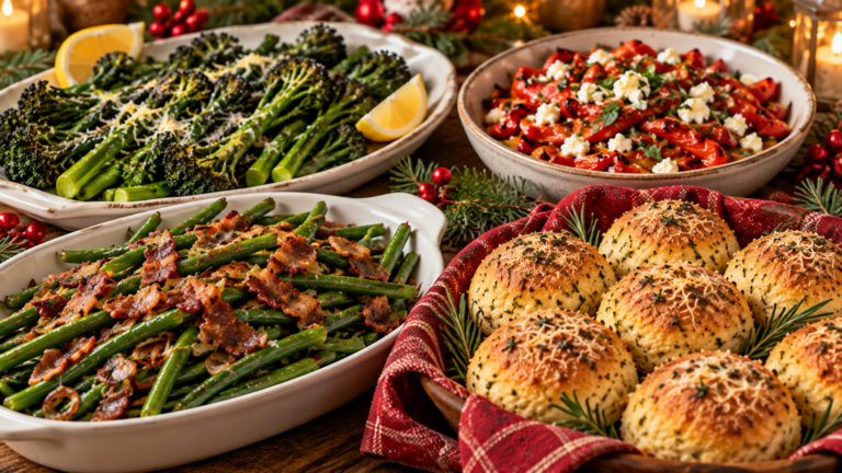 Keto Christmas side dishes with broccolini, green beans, roasted red peppers, and almond-flour rolls