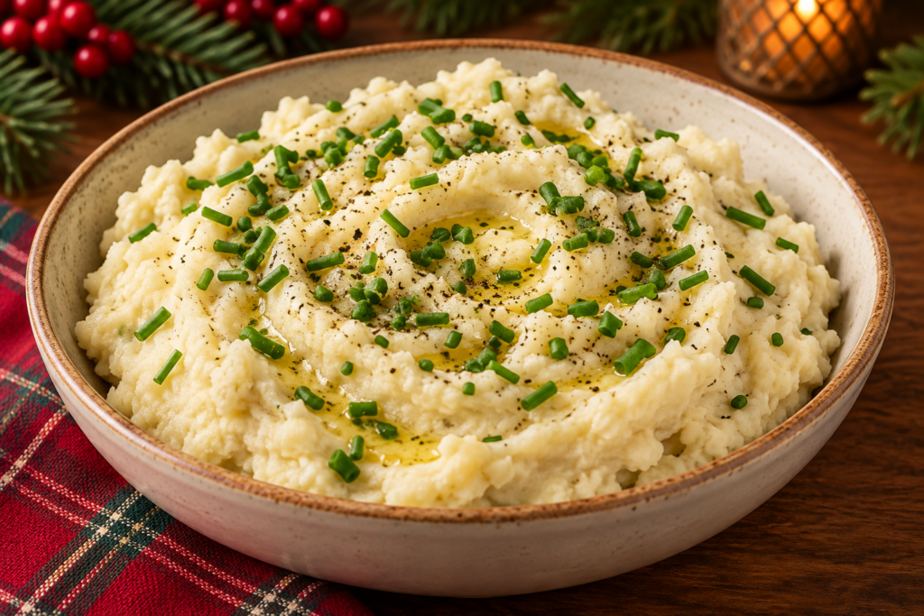 Celeriac mash with chive butter and black pepper in a serving bowl with festive Christmas greenery.