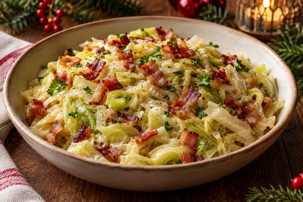 Bacon-leek creamed cabbage with crisp bacon and parsley in a serving bowl with festive Christmas greenery.