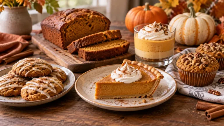 Assortment of keto pumpkin desserts including pie, bread, cookies, muffins, and pumpkin pudding