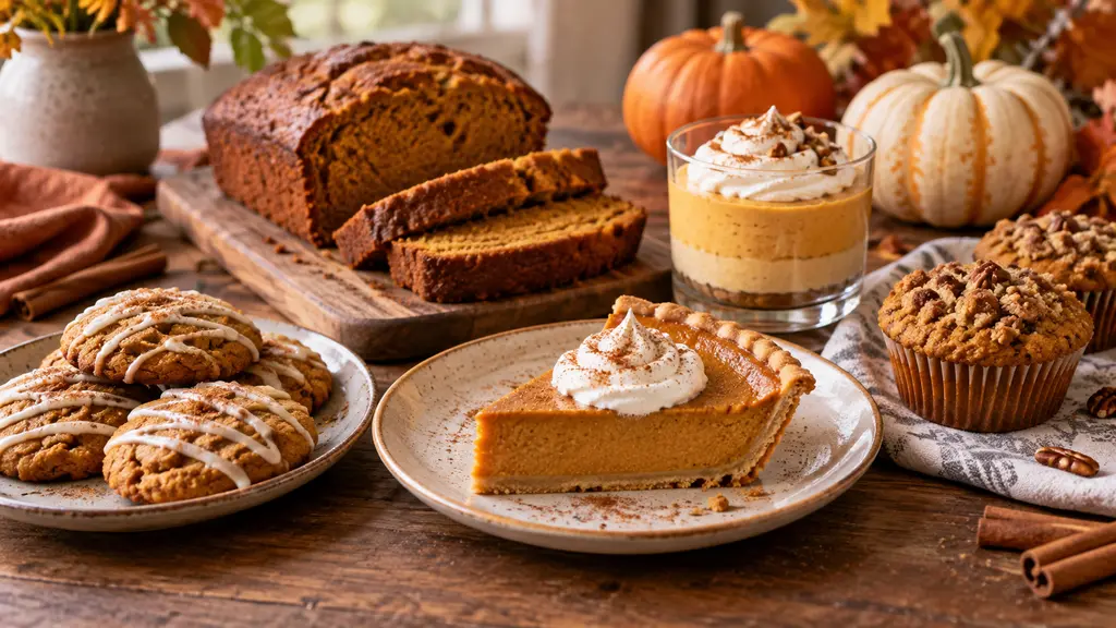 Assortment of keto pumpkin desserts including pie, bread, cookies, muffins, and pumpkin pudding
