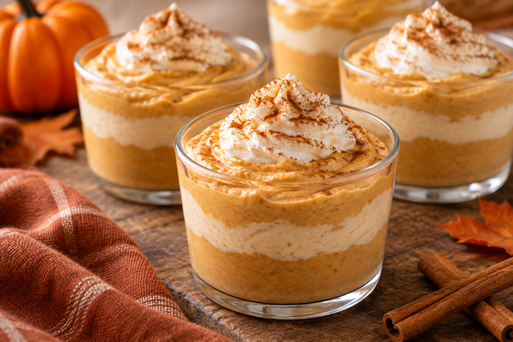 Keto pumpkin cheesecake pudding layered in glass dessert cups and topped with whipped cream and cinnamon